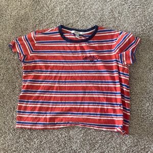 red, blue, and white striped cropped t-shirt